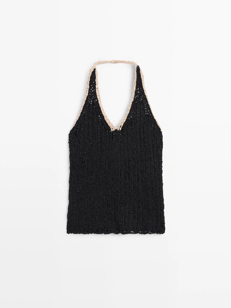 Топ с грубым вязанием и контрастным воротником-холтер