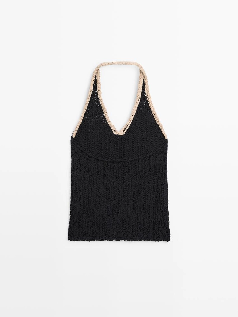 Топ с грубым вязанием и контрастным воротником-холтер