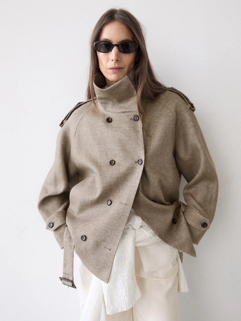 Пальто-тренч из льна с высоким воротником меланжевого оттенка