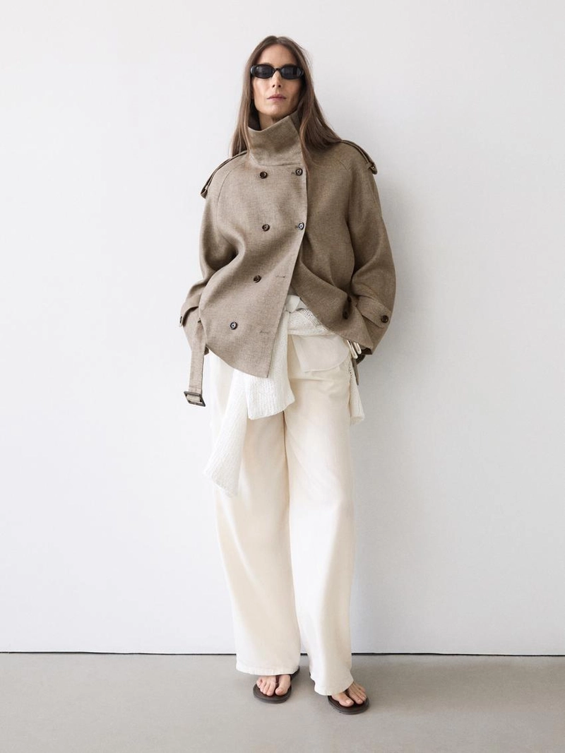 Пальто-тренч из льна с высоким воротником меланжевого оттенка