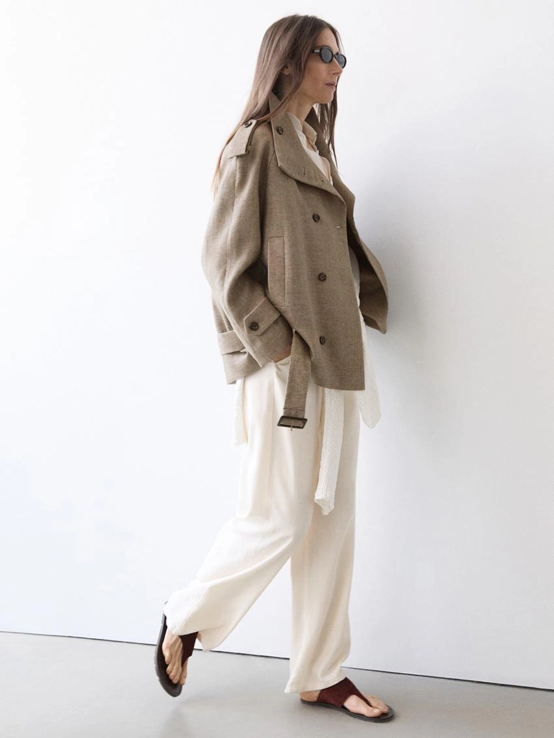 Пальто-тренч из льна с высоким воротником меланжевого оттенка