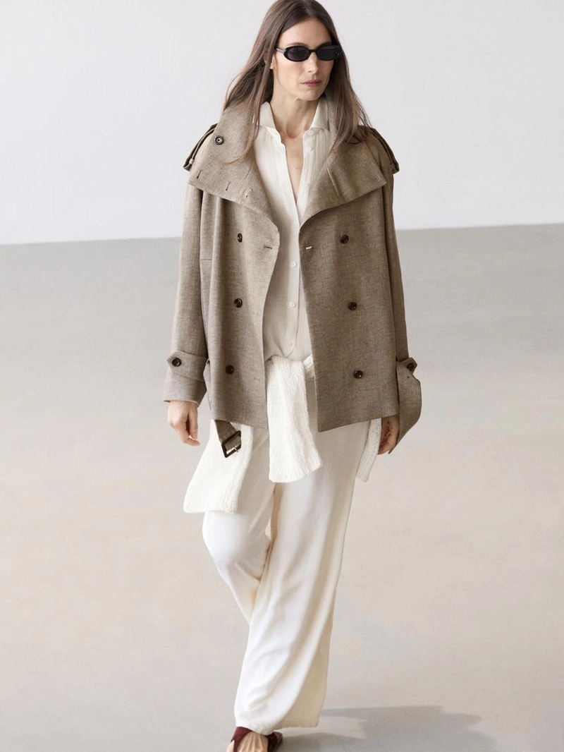 Пальто-тренч из льна с высоким воротником меланжевого оттенка