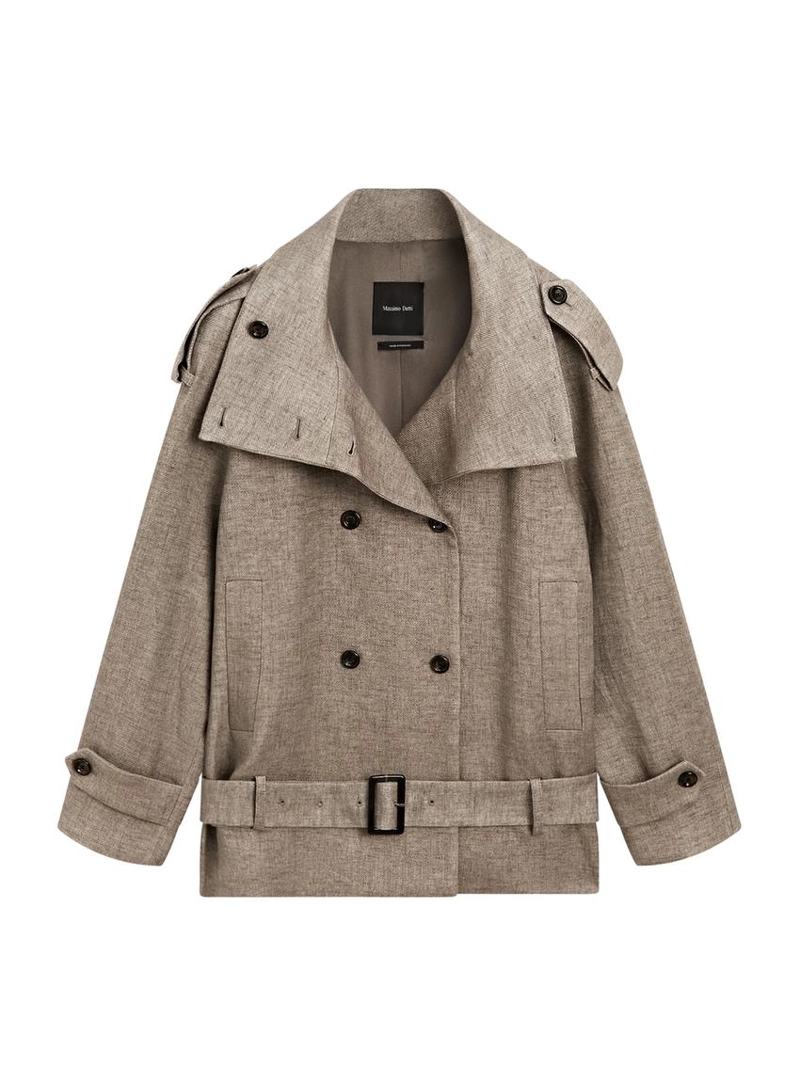 Пальто-тренч из льна с высоким воротником меланжевого оттенка