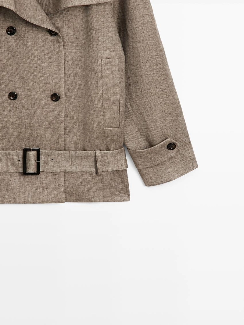 Пальто-тренч из льна с высоким воротником меланжевого оттенка