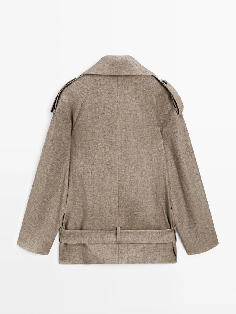 Пальто-тренч из льна с высоким воротником меланжевого оттенка