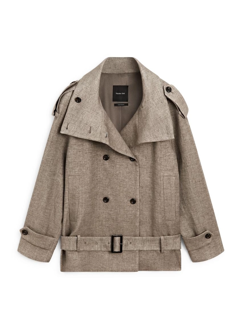 Пальто-тренч из льна с высоким воротником меланжевого оттенка