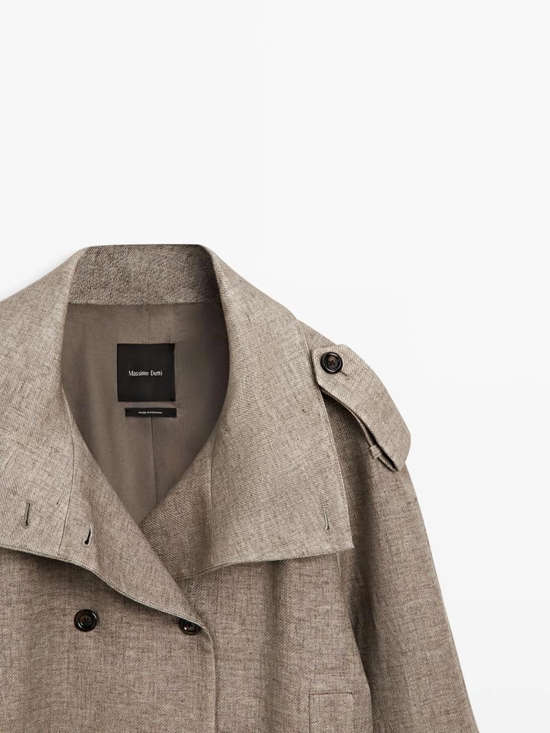 Пальто-тренч из льна с высоким воротником меланжевого оттенка