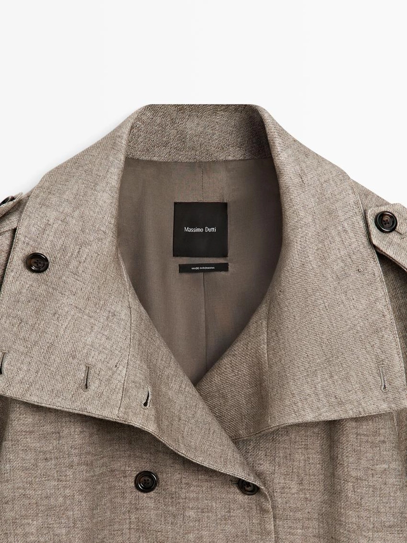 Пальто-тренч из льна с высоким воротником меланжевого оттенка