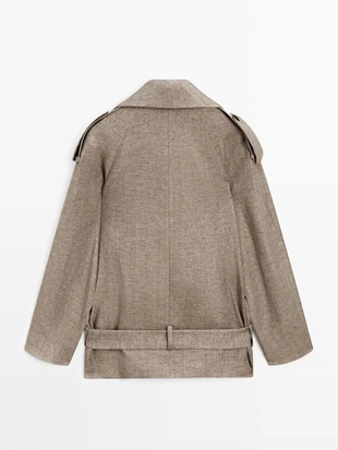 Пальто-тренч из льна с высоким воротником меланжевого оттенка- Заказать в России