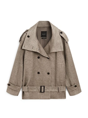 Пальто-тренч из льна с высоким воротником меланжевого оттенка- Заказать в России