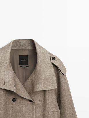 Пальто-тренч из льна с высоким воротником меланжевого оттенка- Заказать в России
