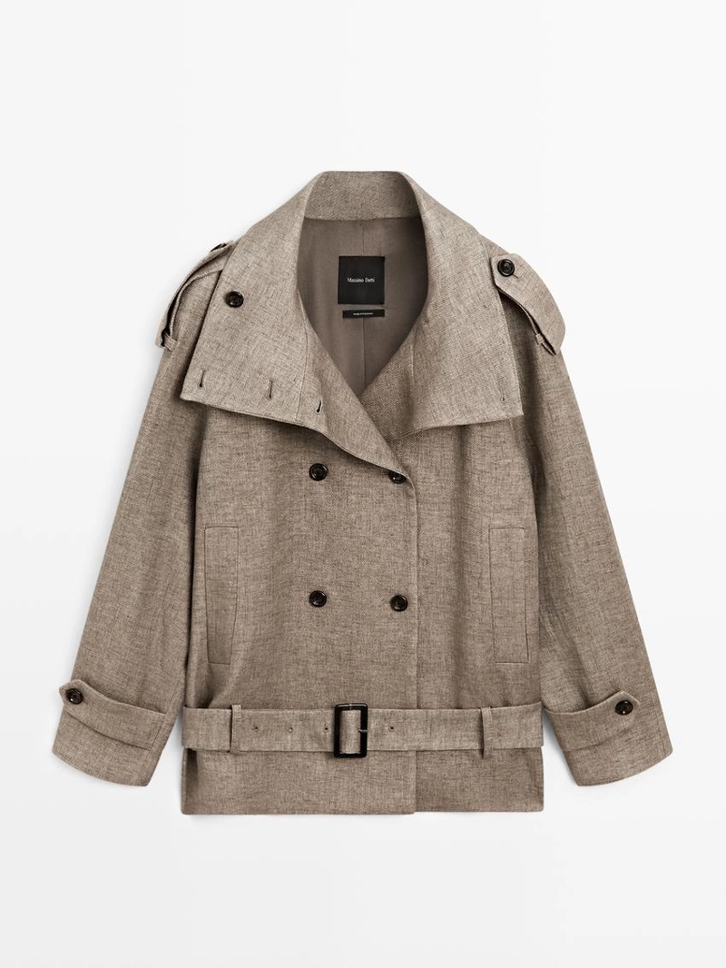 Пальто-тренч из льна с высоким воротником меланжевого оттенка