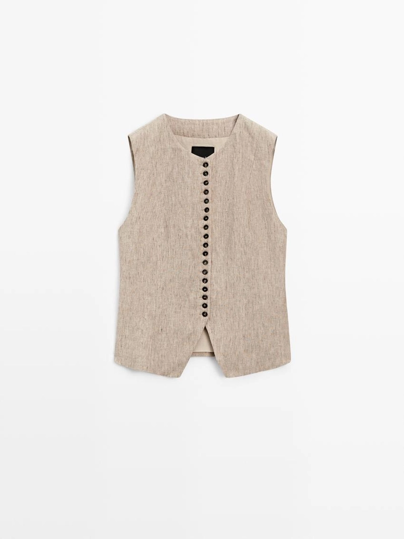 Жилет из льняной меланжевой ткани с пуговицами