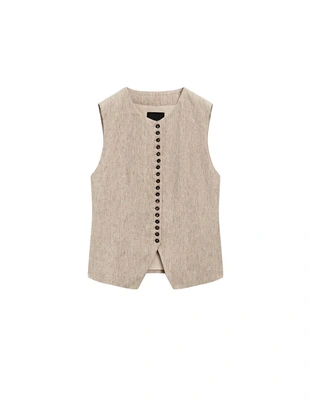 Жилет из льняной меланжевой ткани с пуговицами- Заказать в России