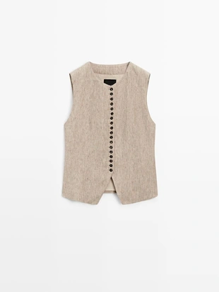 Жилет из льняной меланжевой ткани с пуговицами- Заказать в России