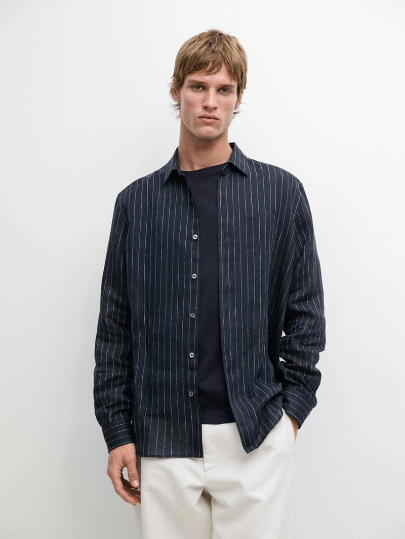 Рубашка из льна в полоску с регулярной посадкой