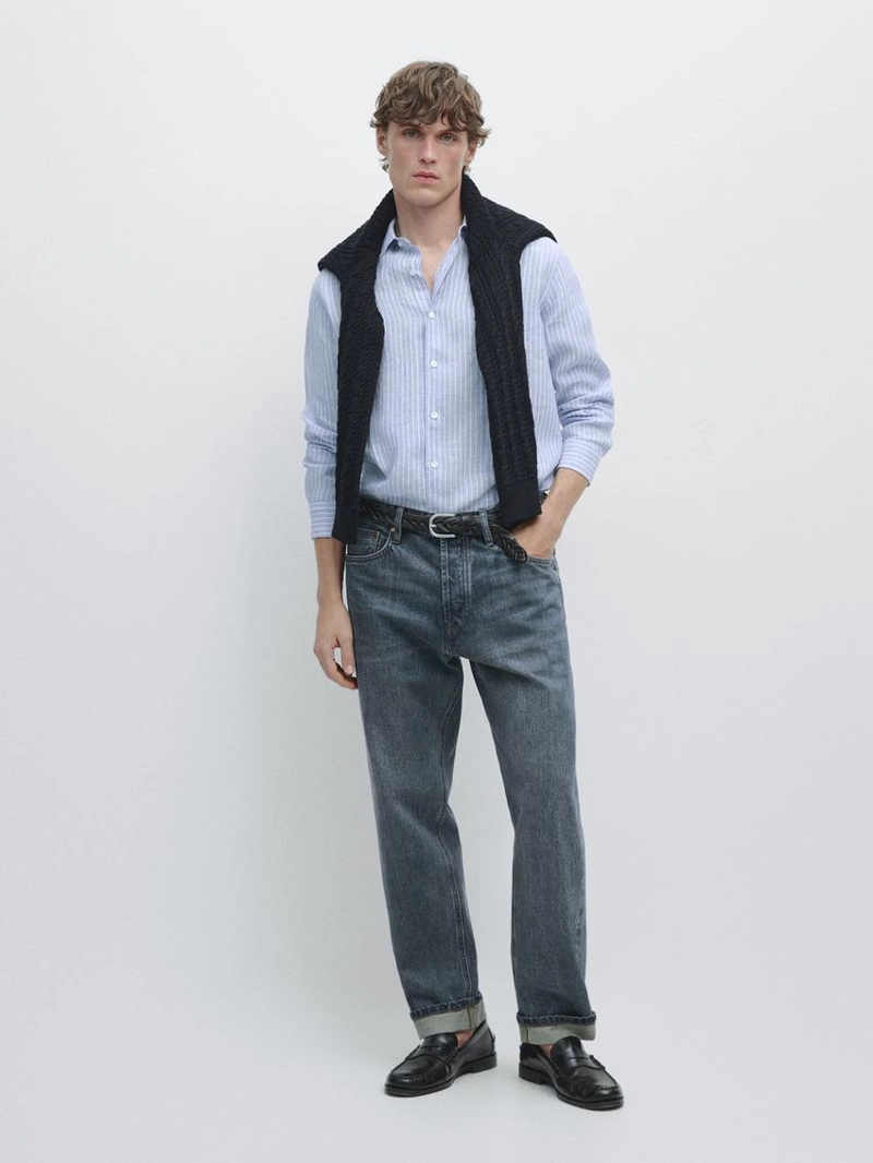 Рубашка из льна в полоску свободного кроя