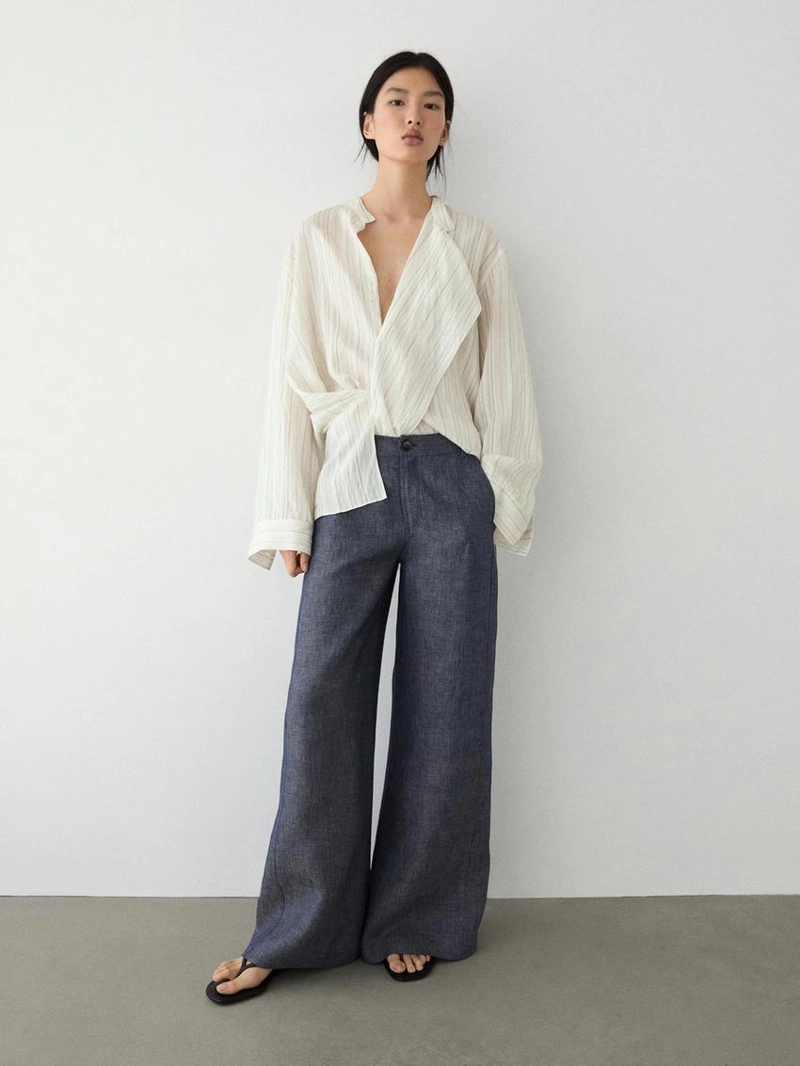 Брюки-палаццо из льна с высокой талией