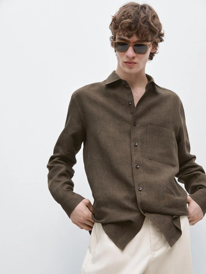 Рубашка из льна с карманом и потертостями, regular fit