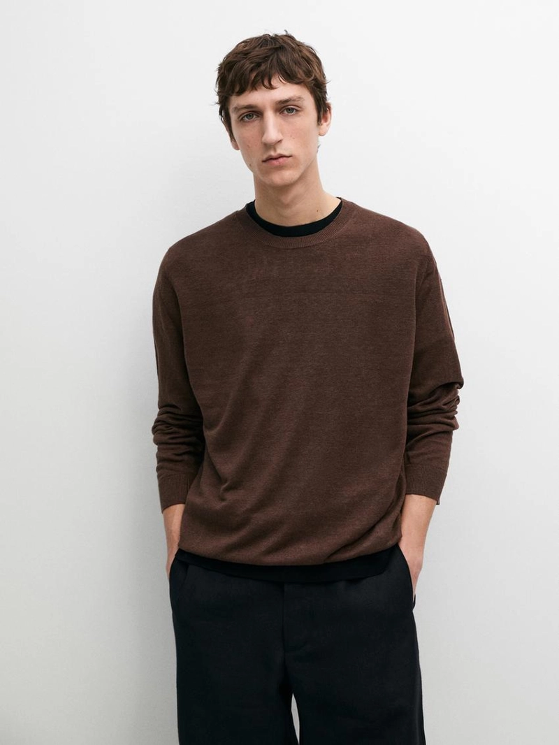 Свитер с круглым вырезом из льняного вязаного полотна