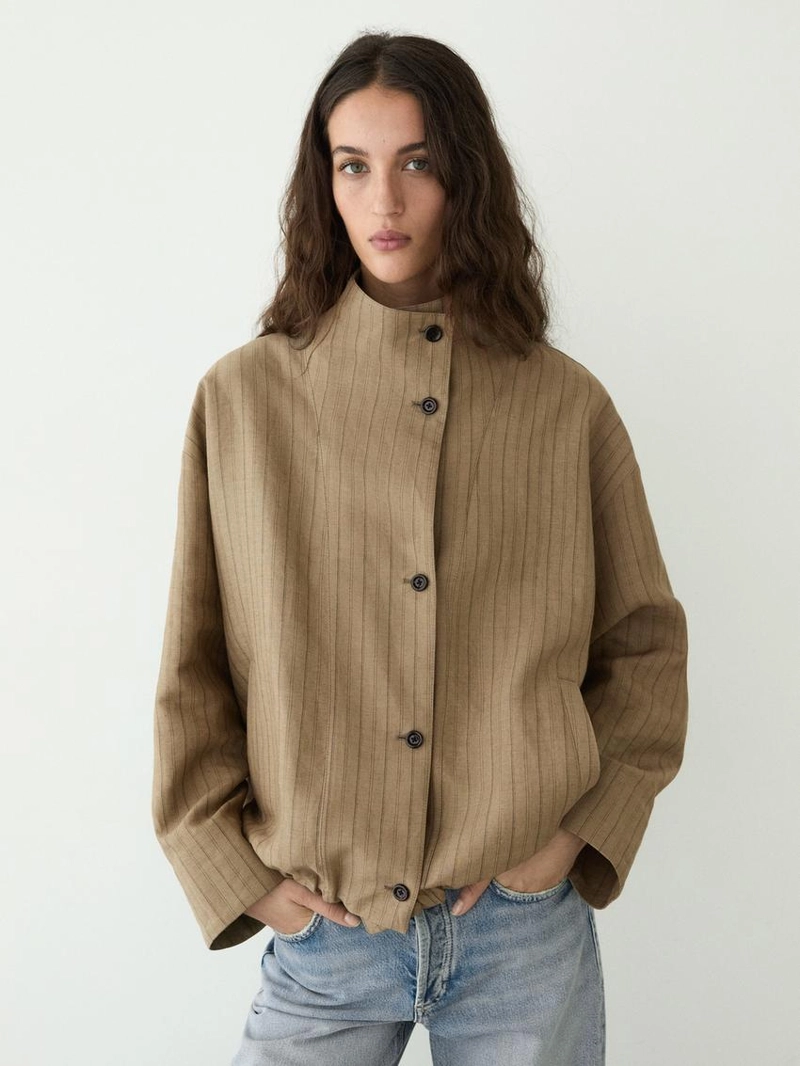 Бомбер из полосатой льняной смеси