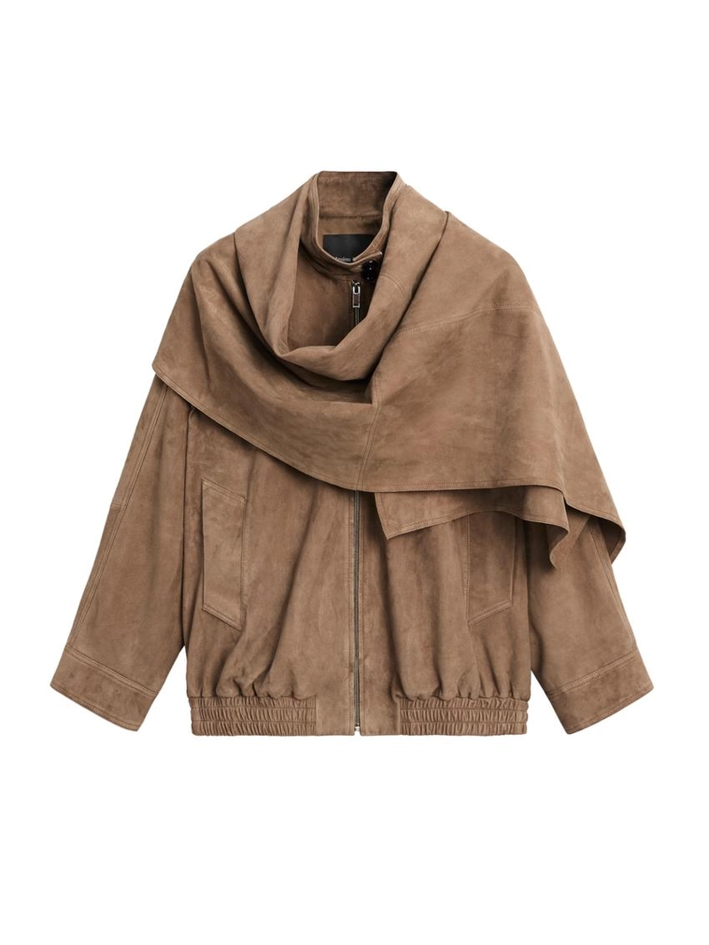 Замшевая кожаная бомбер-куртка с деталью в виде шарфа