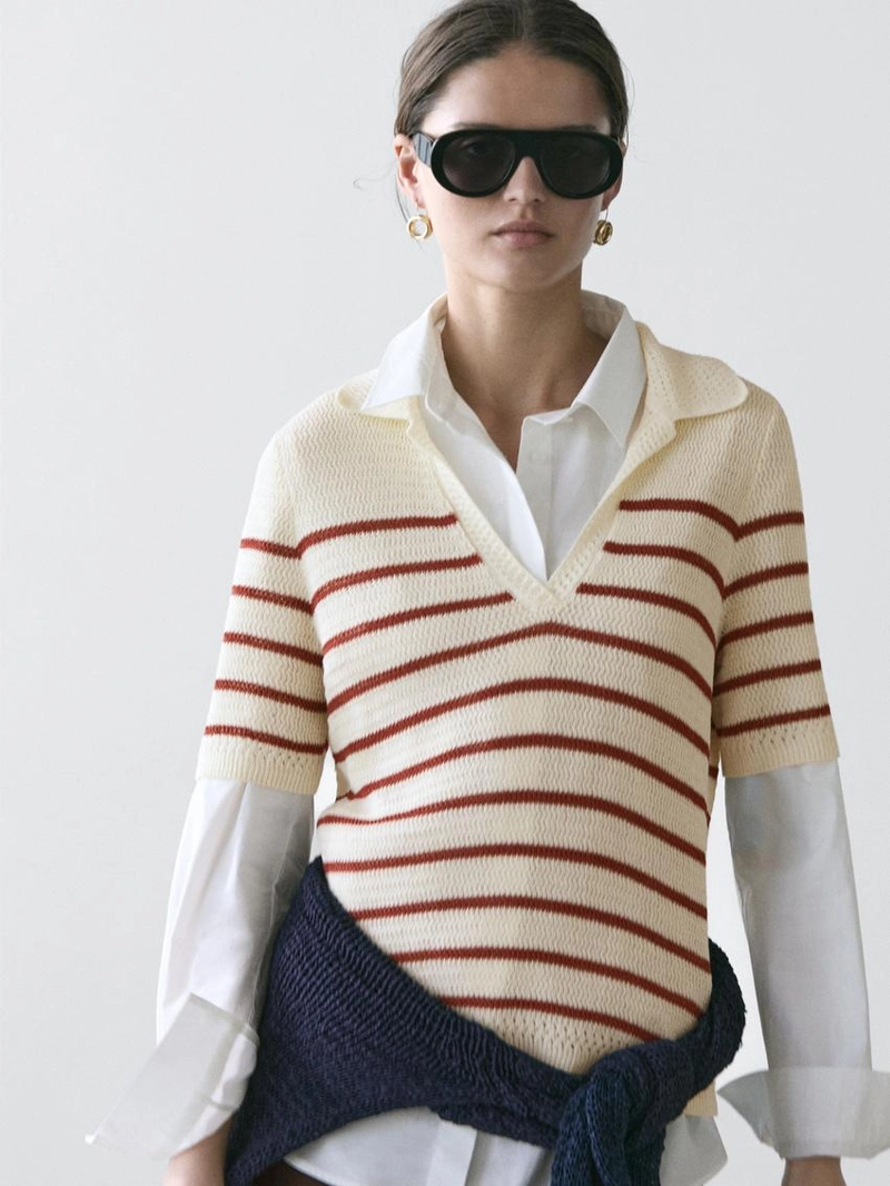 Поло из вязаного хлопкового микса в полоску