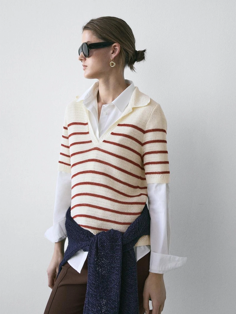 Поло из вязаного хлопкового микса в полоску