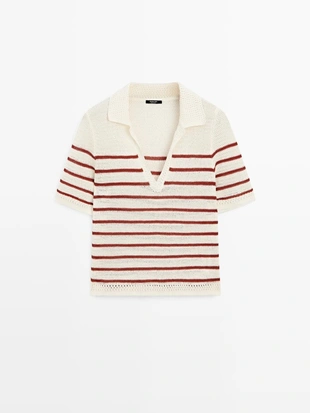 Поло из вязаного хлопкового микса в полоску- Заказать в России