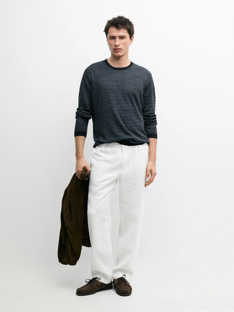 Льняной свитер с полосатыми деталями