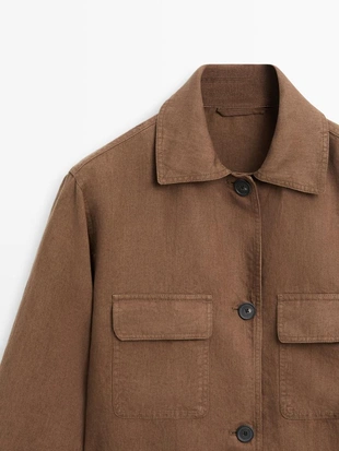 Льняной пиджак с карманами и деталями на поясе- Заказать в России