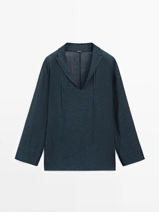 Блузка с воротником из 100% льна- Заказать в России