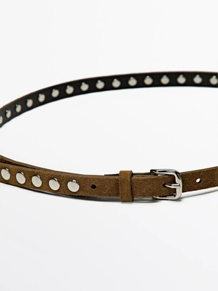 Тонкий кожаный ремень с заклепками- Заказать в России