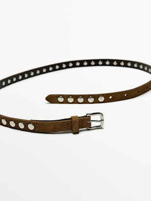 Тонкий кожаный ремень с заклепками- Заказать в России
