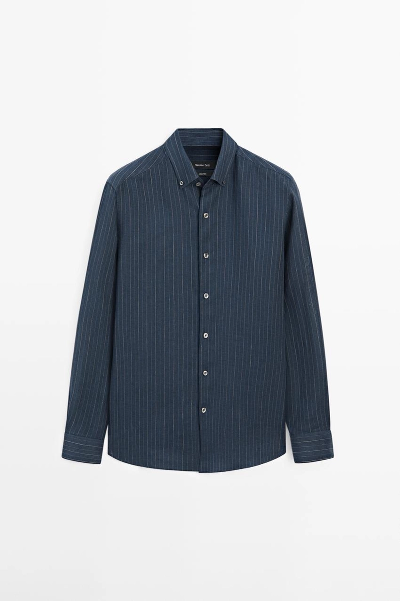 Рубашка из 100% льна в полоску с воротником на пуговицах