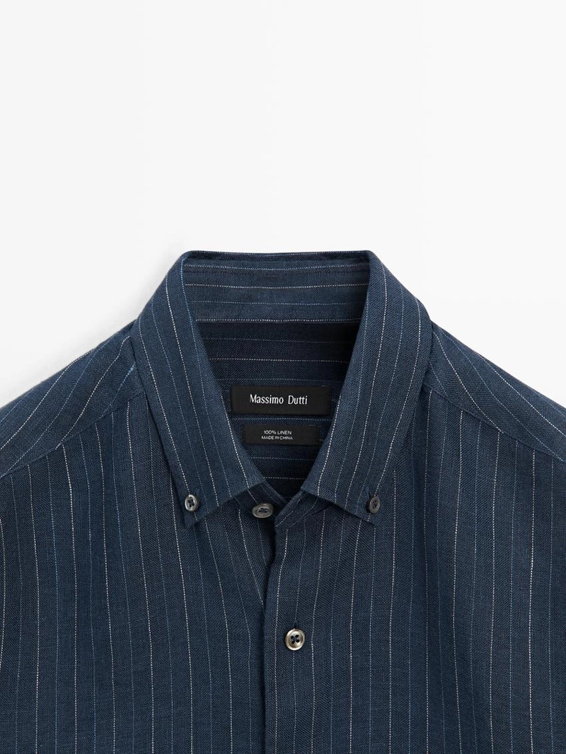 Рубашка из 100% льна в полоску с воротником на пуговицах