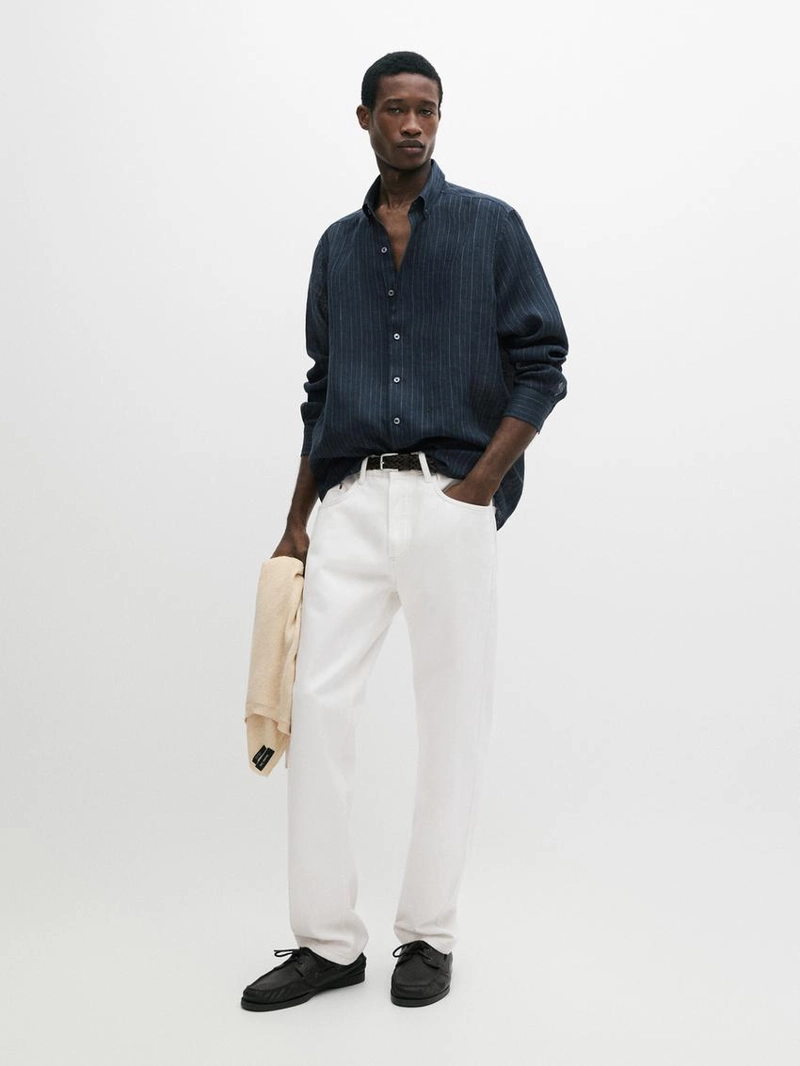 Рубашка из 100% льна в полоску с воротником на пуговицах