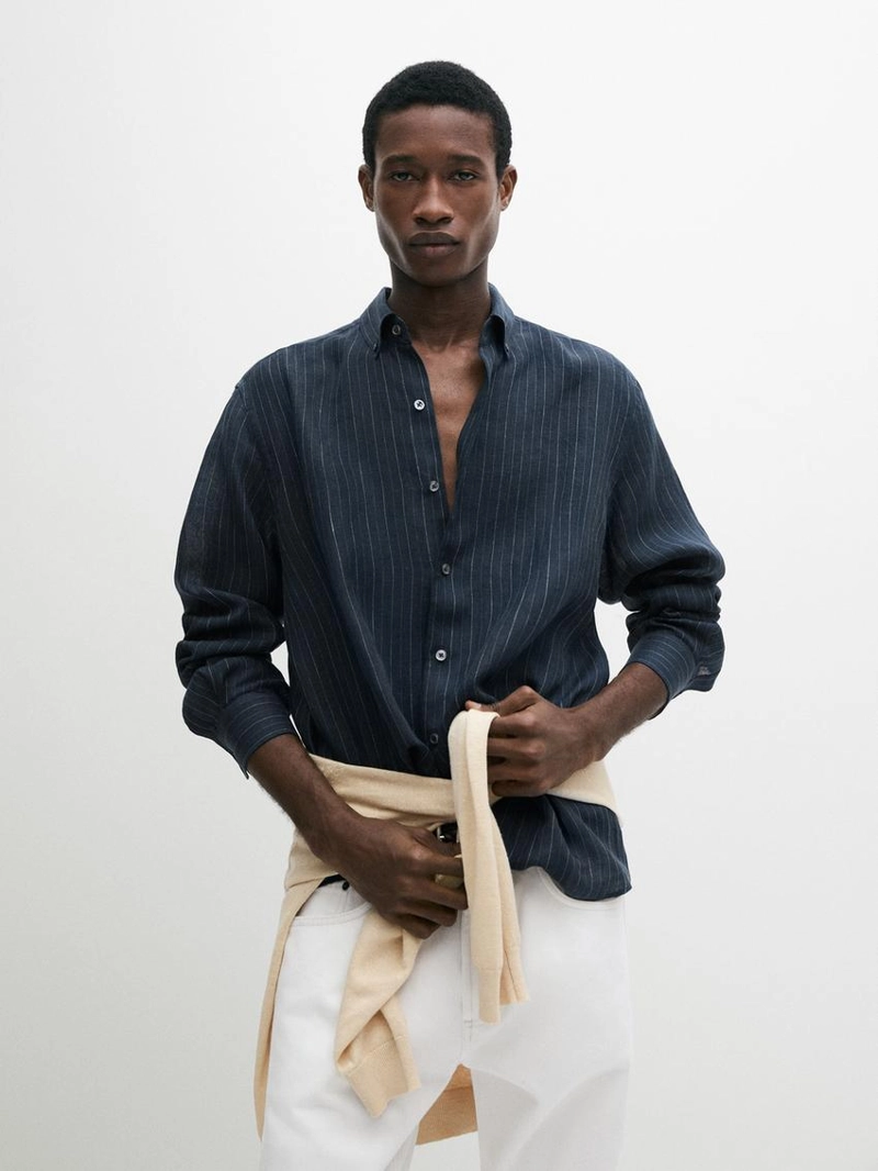 Рубашка из 100% льна в полоску с воротником на пуговицах