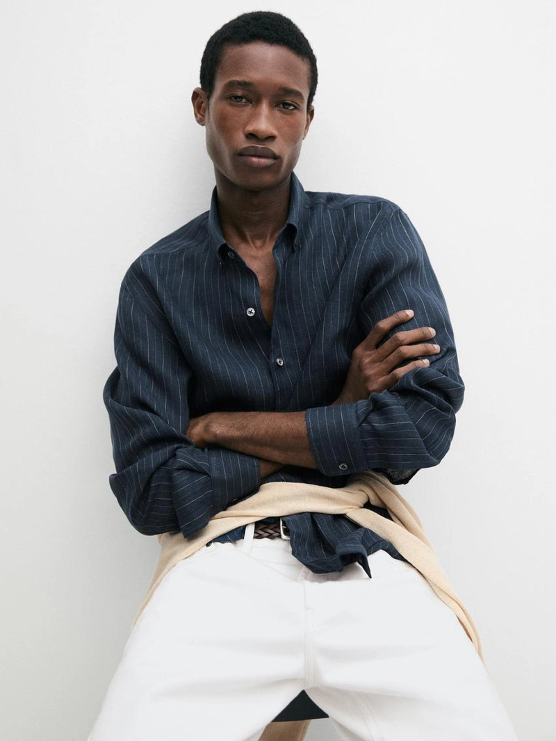 Рубашка из 100% льна в полоску с воротником на пуговицах