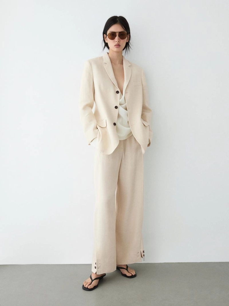 Брюки-костюм из льняной смеси с деталями на пуговицах