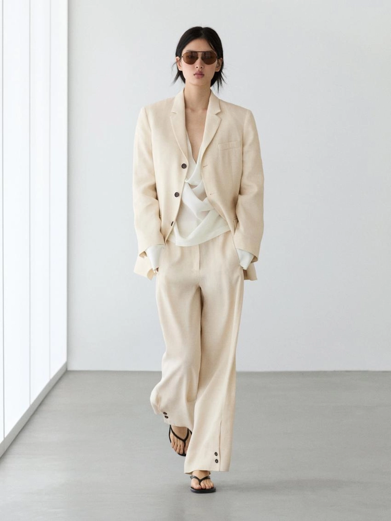 Брюки-костюм из льняной смеси с деталями на пуговицах