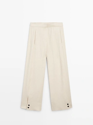 Брюки-костюм из льняной смеси с деталями на пуговицах- Заказать в России