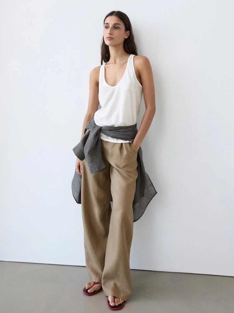 100% льняные брюки широкого покроя с эластичными деталями