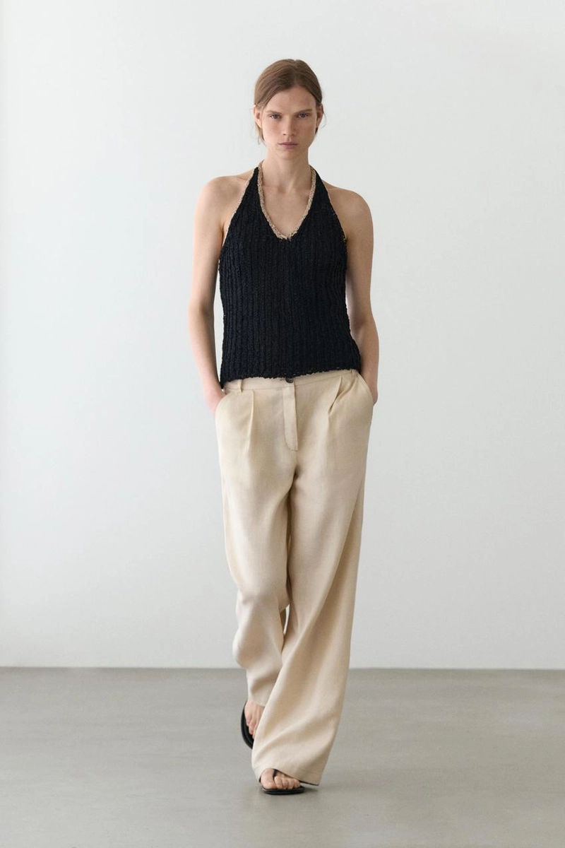 Брюки из 100% льна с широкими штанинами и эластичными деталями