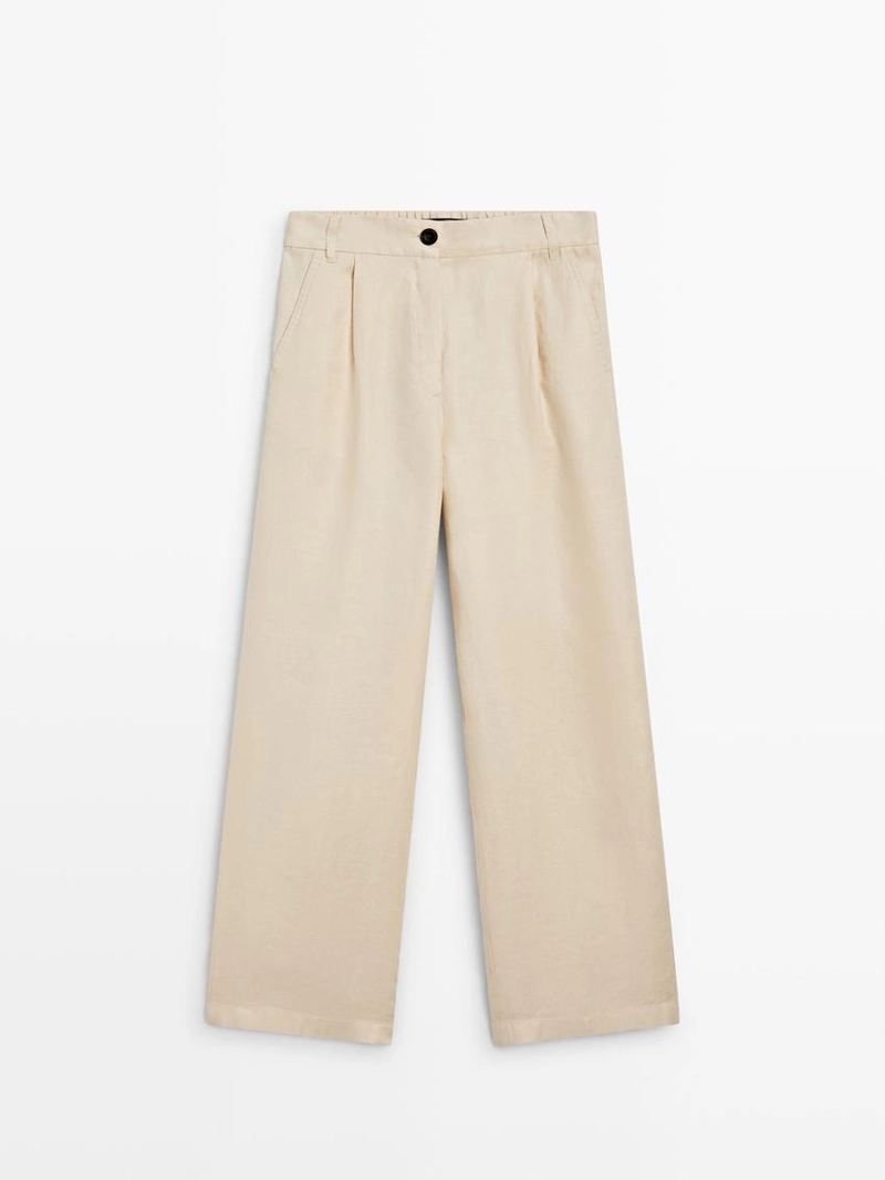 Брюки из 100% льна с широкими штанинами и эластичными деталями