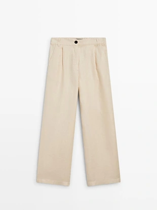 Брюки из 100% льна с широкими штанинами и эластичными деталями- Заказать в России