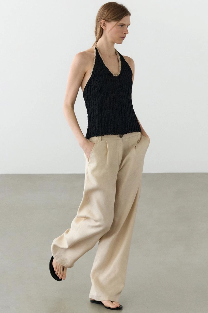 Брюки из 100% льна с широкими штанинами и эластичными деталями