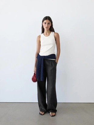 100% льняные брюки прямого кроя с деталями на поясе- Заказать в России