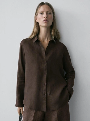 Рубашка из 100% льна с прямым кроем- Заказать в России