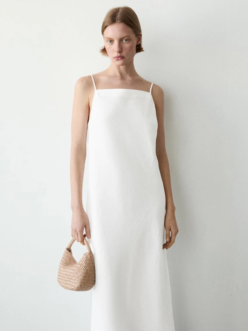 Платье-миди из льна с прямым вырезом
